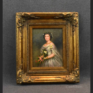 Dama z różami olej na desce 