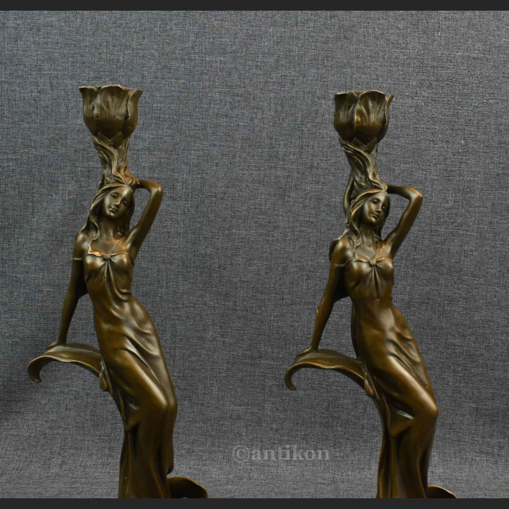 Świeczniki secesyjne z brązu kobieta 