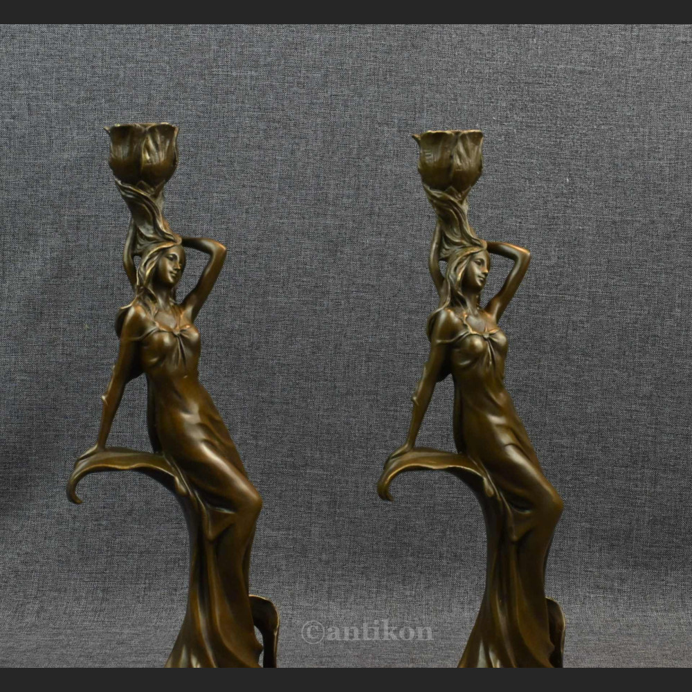 Świeczniki secesyjne z brązu kobieta 