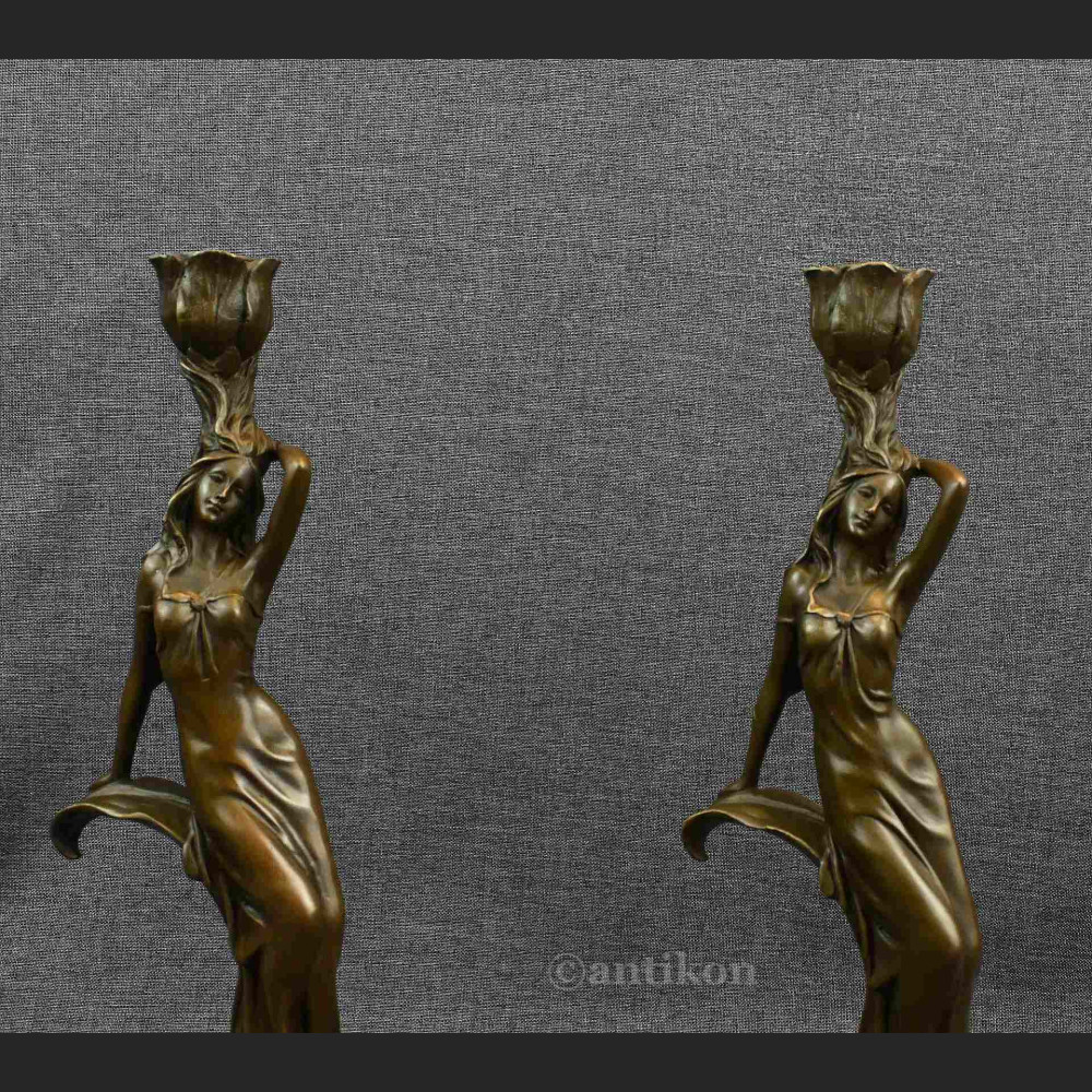 Świeczniki secesyjne z brązu kobieta 