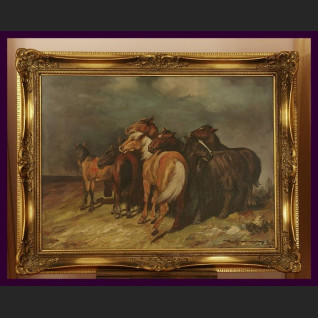 STADO KONI ZNAKOMITY OBRAZ OLEJNY NA PŁÓTNIE PIĘKNA ZŁOCONA RAMA