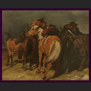 STADO KONI ZNAKOMITY OBRAZ OLEJNY NA PŁÓTNIE PIĘKNA ZŁOCONA RAMA