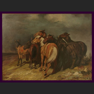 STADO KONI ZNAKOMITY OBRAZ OLEJNY NA PŁÓTNIE PIĘKNA ZŁOCONA RAMA