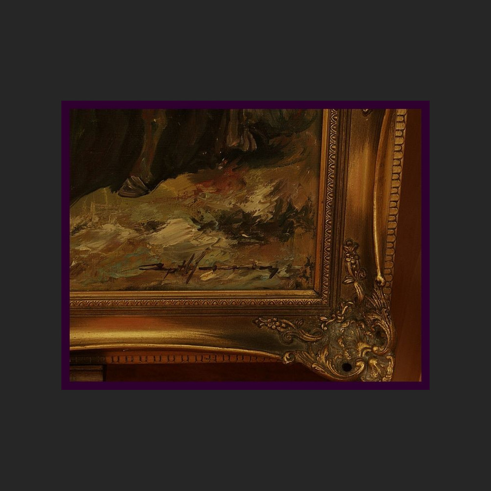 STADO KONI ZNAKOMITY OBRAZ OLEJNY NA PŁÓTNIE PIĘKNA ZŁOCONA RAMA