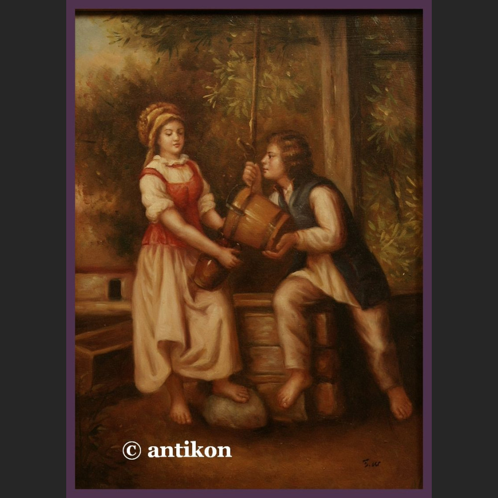 Obraz olejny staropolski Przy studni  Obraz olejny staropolski Przy studni