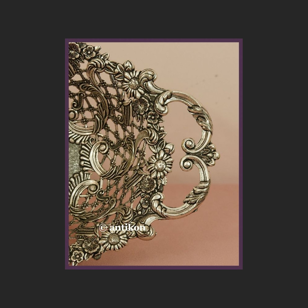 PIĘKNA SREBRZONA WŁOSKA PATERA Z KWIATAMI 