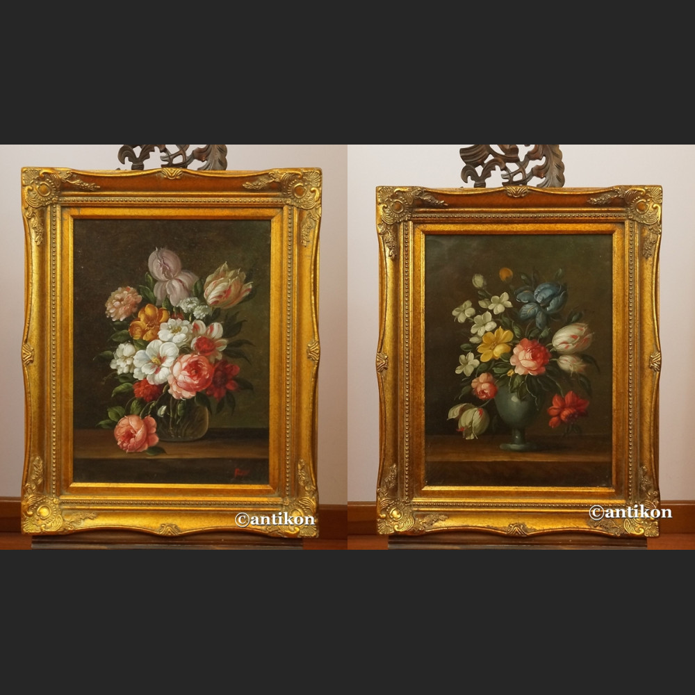 Obrazy z kwiatami w złotej ramie para obrazów 