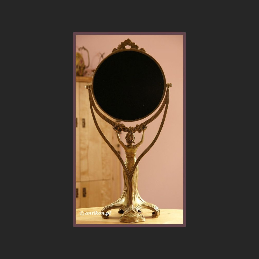 stylowe secesyjne stojace lustro z brazu z figura kobiety stylowe secesyjne stojace lustro z brazu z figura kobiety