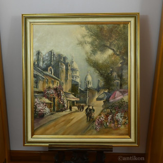 Paryski pejzaż duży obraz olejny Montmartre z Bazyliką Sacre-Coeurr 