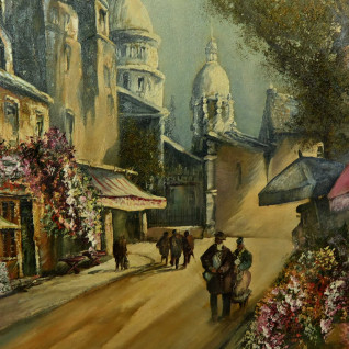 Paryski pejzaż duży obraz olejny Montmartre z Bazyliką Sacre-Coeurr 