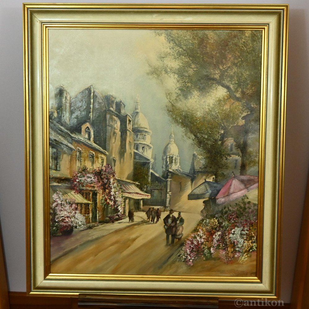Paryski pejzaż duży obraz olejny Montmartre z Bazyliką Sacre-Coeurr 