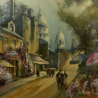 Paryski pejzaż duży obraz olejny Montmartre z Bazyliką Sacre-Coeurr 