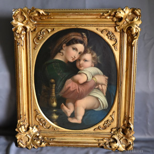 Stary obraz Madonna wg Rafaela w złotej ramie Stary obraz Madonna wg Rafaela w złotej ramie