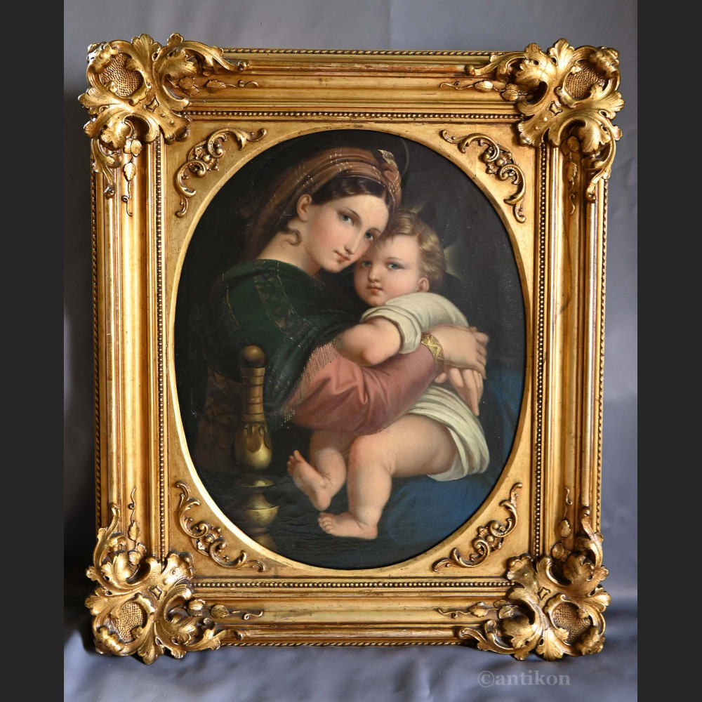 Stary obraz Madonna wg Rafaela w złotej ramie Stary obraz Madonna wg Rafaela w złotej ramie