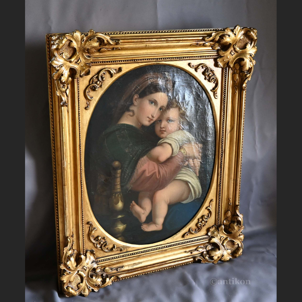 Stary obraz Madonna wg Rafaela w złotej ramie Stary obraz Madonna wg Rafaela w złotej ramie