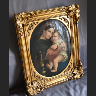 Stary obraz Madonna wg Rafaela w złotej ramie Stary obraz Madonna wg Rafaela w złotej ramie