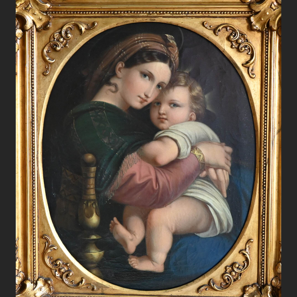 Stary obraz Madonna wg Rafaela w złotej ramie Stary obraz Madonna wg Rafaela w złotej ramie