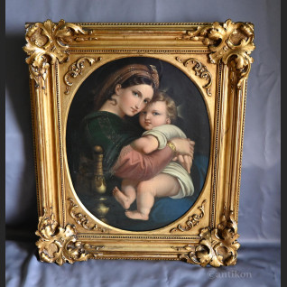 Stary obraz Madonna wg Rafaela w złotej ramie 
