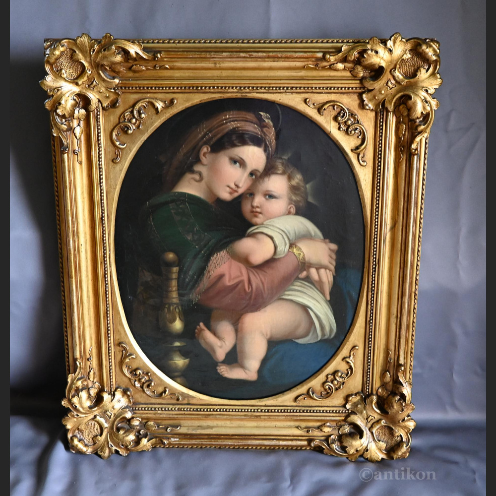 Stary obraz Madonna wg Rafaela w złotej ramie Stary obraz Madonna wg Rafaela w złotej ramie