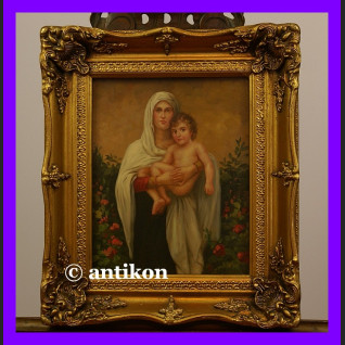 Obraz religijny  w złotej ramie Madonna z Jezusem śliczny