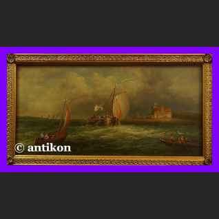 Łodzie na morzu duży obraz złota gruba rama