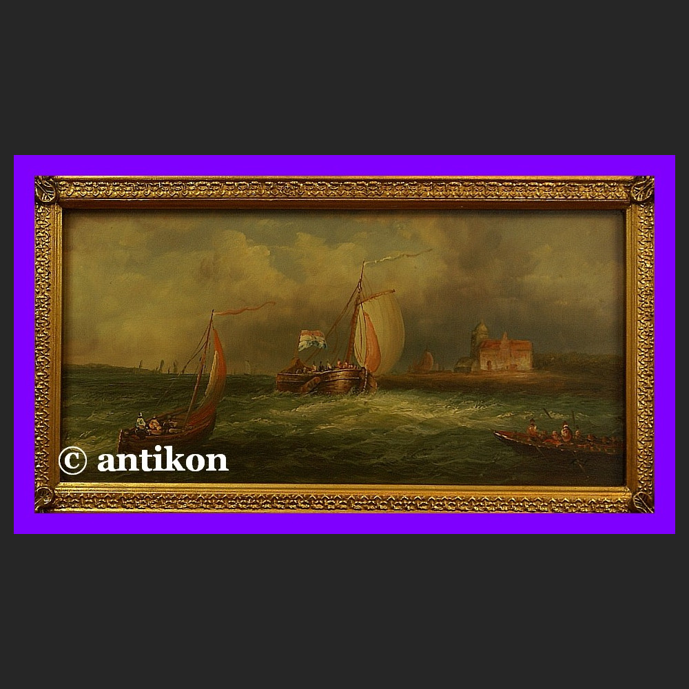 Łodzie na morzu duży obraz złota gruba rama