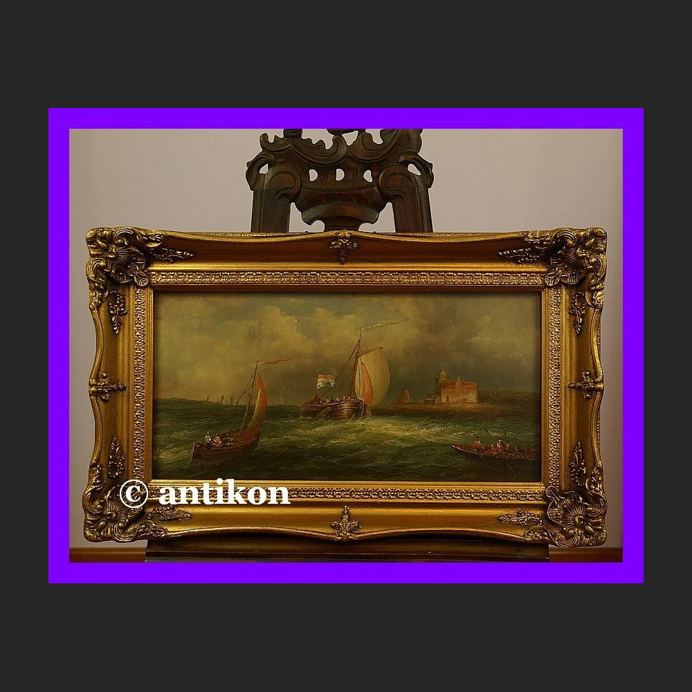 Łodzie na morzu duży obraz złota gruba rama