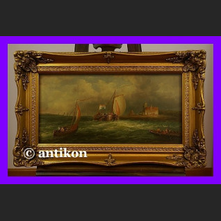 Łodzie na morzu duży obraz złota gruba rama