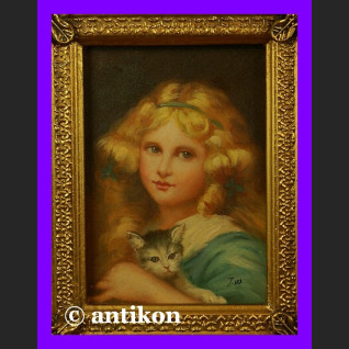 Dziewczyna z kotem cudo obraz złota gruba rama Dziewczyna z kotem cudo obraz złota gruba rama