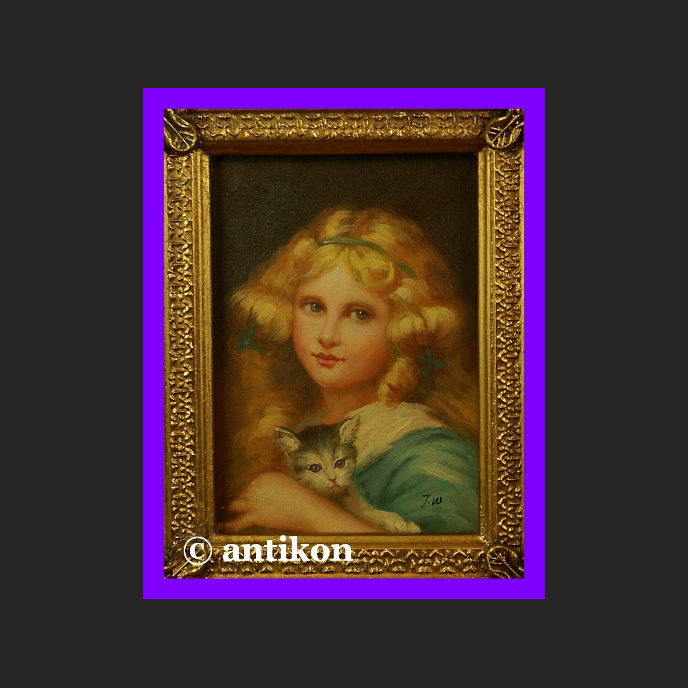 Dziewczyna z kotem cudo obraz złota gruba rama Dziewczyna z kotem cudo obraz złota gruba rama