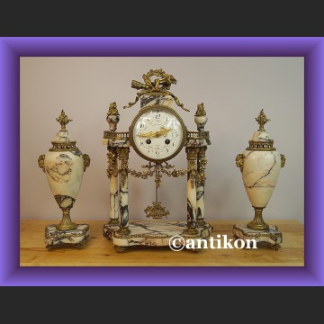 Zegar kominkowy portykowy marmurowy z przystawkami Francja 