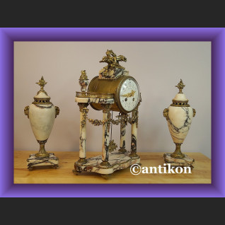 Zegar kominkowy  portykowy marmurowy z przystawkami Francja  Zegar kominkowy  portykowy marmurowy z przystawkami Francja