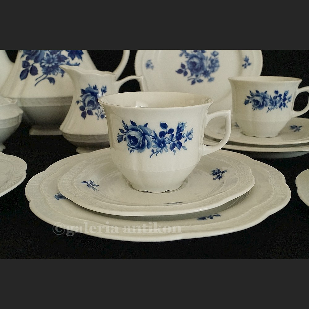 Prześliczny bawarski serwis do herbaty na 6 osób Zeh Scherzer biel i kobalt klasyk 