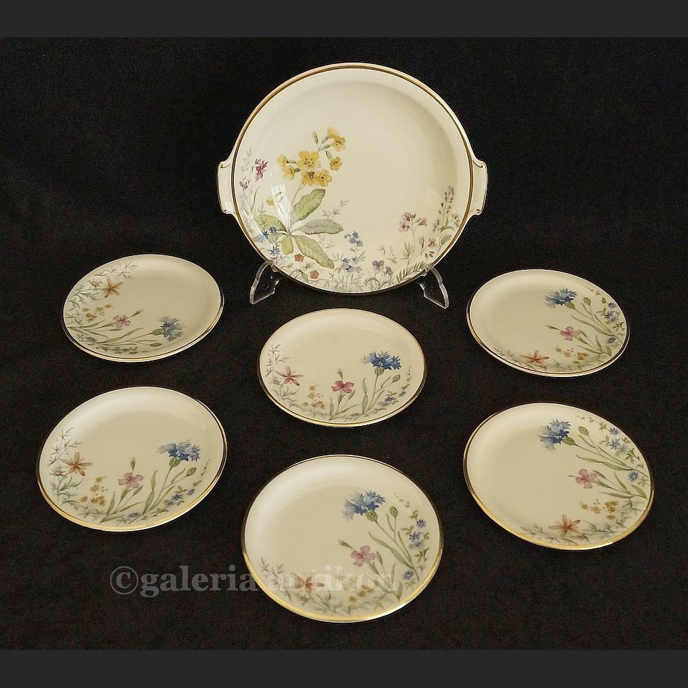 Przeuroczy komplet do deserów wzór łąka na 6 osób K & A Krautheim Selb Bavaria Germany