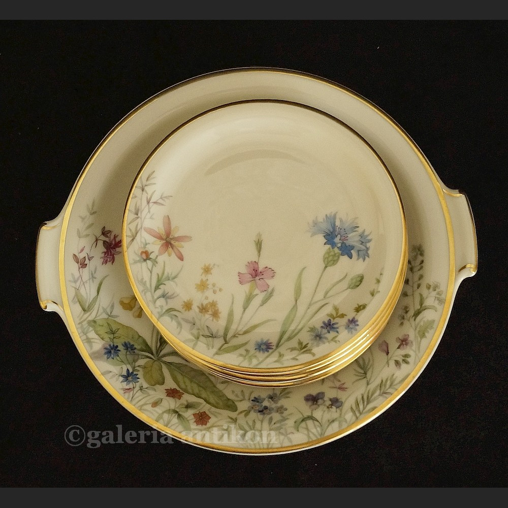 Przeuroczy komplet do deserów wzór łąka na 6 osób K & A Krautheim Selb Bavaria Germany