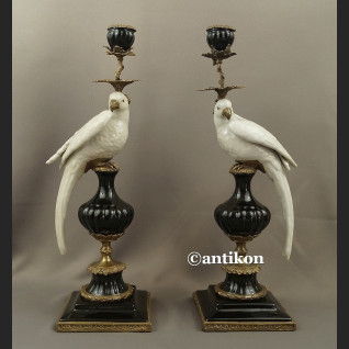 Para świeczników z papugami  ogromne porcelana z brązem  Para świeczników z papugami  ogromne porcelana z brązem