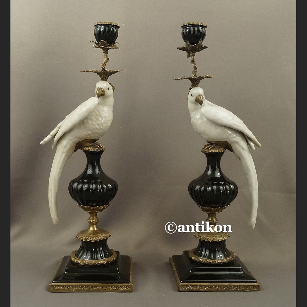 Para świeczników z papugami  ogromne porcelana z brązem  Para świeczników z papugami  ogromne porcelana z brązem