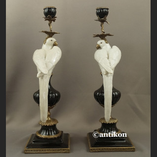 Para świeczników z papugami  ogromne porcelana z brązem  Para świeczników z papugami  ogromne porcelana z brązem