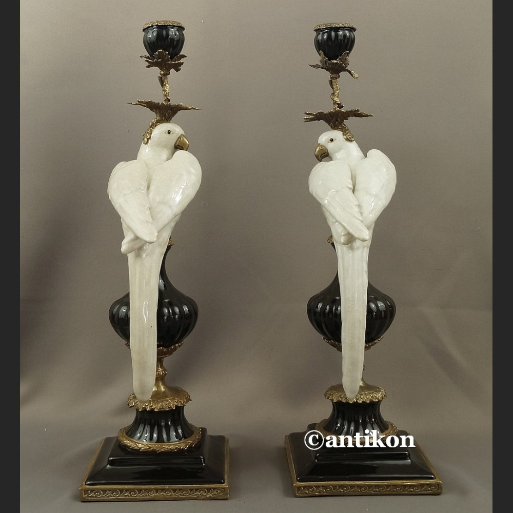 Para świeczników z papugami  ogromne porcelana z brązem  Para świeczników z papugami  ogromne porcelana z brązem