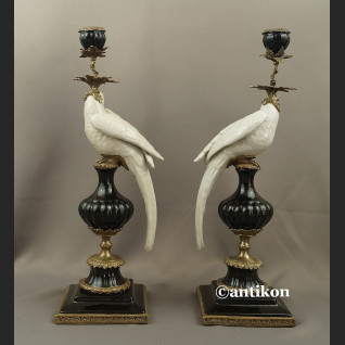 Para świeczników z papugami  ogromne porcelana z brązem  Para świeczników z papugami  ogromne porcelana z brązem