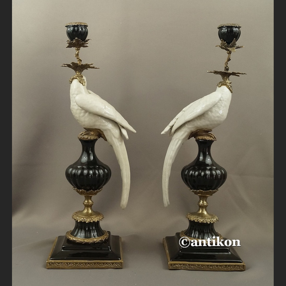 Para świeczników z papugami  ogromne porcelana z brązem  Para świeczników z papugami  ogromne porcelana z brązem