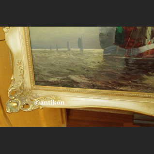 Obraz marynistyczny Łodzie rybackie w złotej ramie 