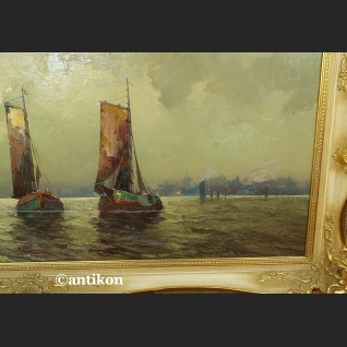 Obraz marynistyczny Łodzie rybackie w złotej ramie 