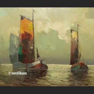 Obraz marynistyczny Łodzie rybackie w złotej ramie 