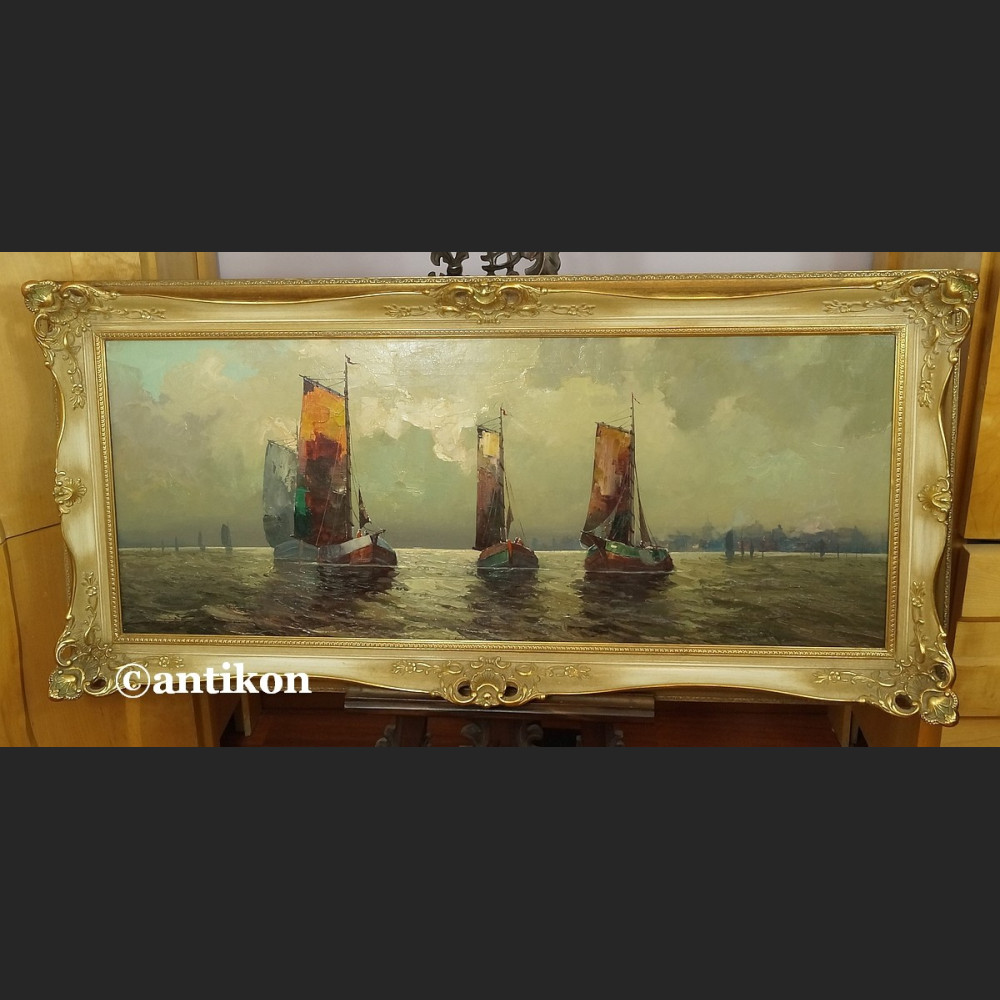 Obraz marynistyczny Łodzie rybackie w złotej ramie 