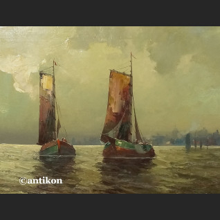 Obraz marynistyczny Łodzie rybackie w złotej ramie 