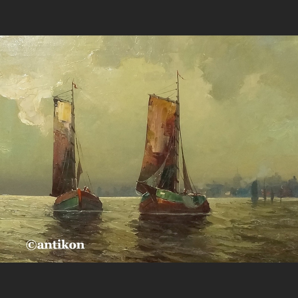 Obraz marynistyczny Łodzie rybackie w złotej ramie 