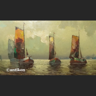 Obraz marynistyczny Łodzie rybackie w złotej ramie 