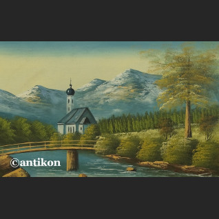 Obraz olejny na desce Górski pejzaż z kapliczką 